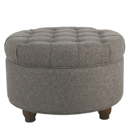 HomePop Round Traditional Wood and Fabric Large Storage Ottoman in Gray
