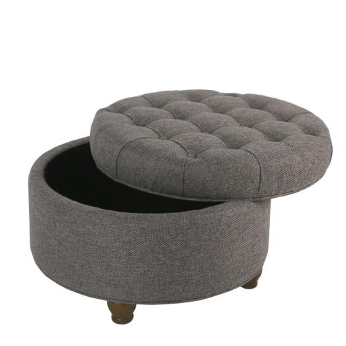 HomePop Round Traditional Wood and Fabric Large Storage Ottoman in Gray