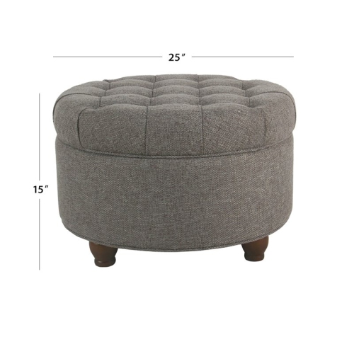 HomePop Round Traditional Wood and Fabric Large Storage Ottoman in Gray