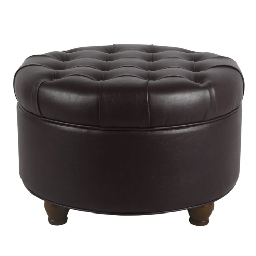HomePop Round Traditional Wood and Faux Leather Large Storage Ottoman in Brown