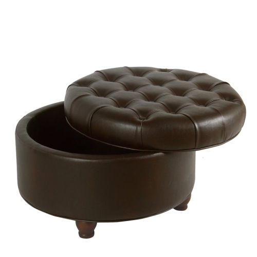 HomePop Round Traditional Wood and Faux Leather Large Storage Ottoman in Brown