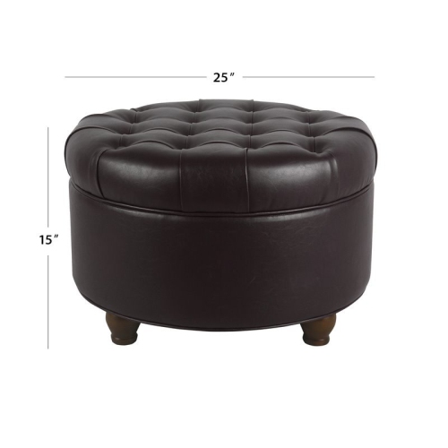 HomePop Round Traditional Wood and Faux Leather Large Storage Ottoman in Brown