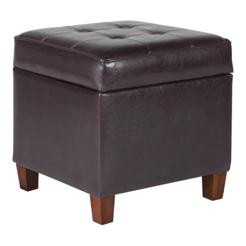 HomePop Square Transitional Wood and Faux Leather Storage Ottoman in Brown