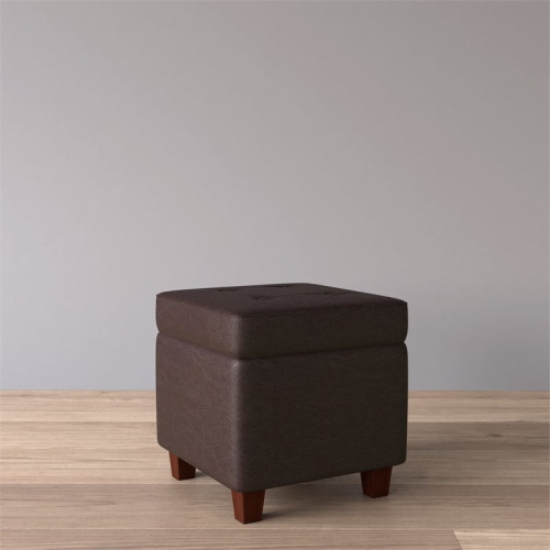 HomePop Square Transitional Wood and Faux Leather Storage Ottoman in Brown