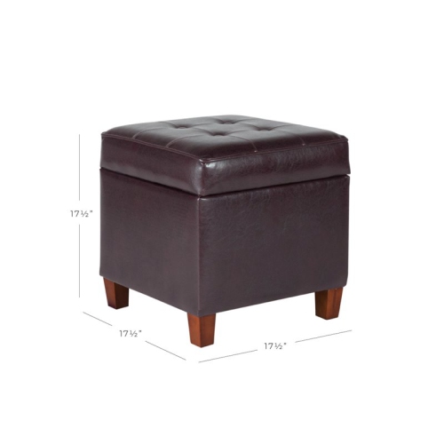 HomePop Square Transitional Wood and Faux Leather Storage Ottoman in Brown