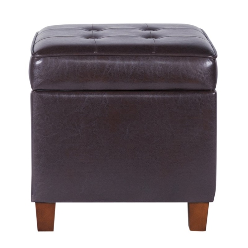 HomePop Square Transitional Wood and Faux Leather Storage Ottoman in Brown