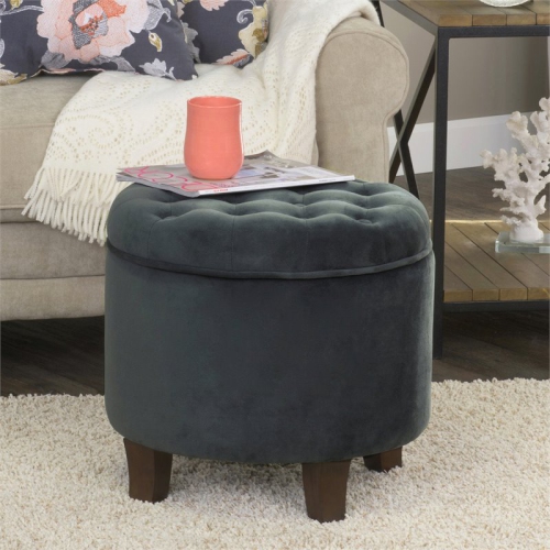 HomePop Round Transitional Wood and Velvet Storage Ottoman in Gray