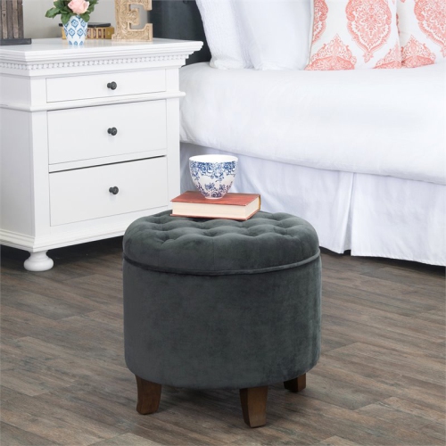 HomePop Round Transitional Wood and Velvet Storage Ottoman in Gray
