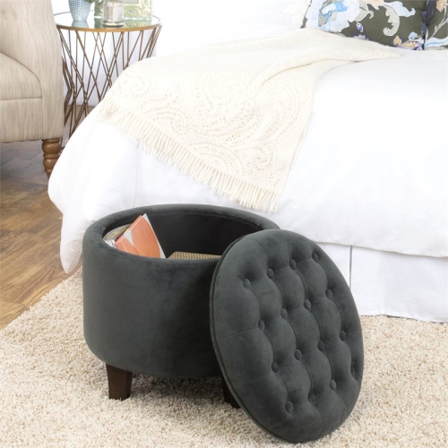 HomePop Round Transitional Wood and Velvet Storage Ottoman in Gray