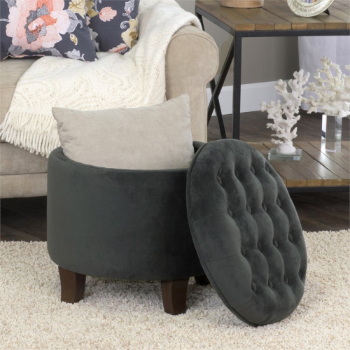 HomePop Round Transitional Wood and Velvet Storage Ottoman in Gray