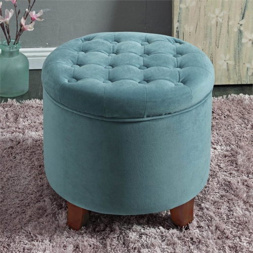 HomePop Round Transitional Wood and Velvet Ottoman with Storage in Blue
