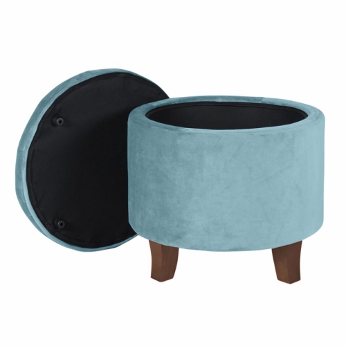 HomePop Round Transitional Wood and Velvet Ottoman with Storage in Blue
