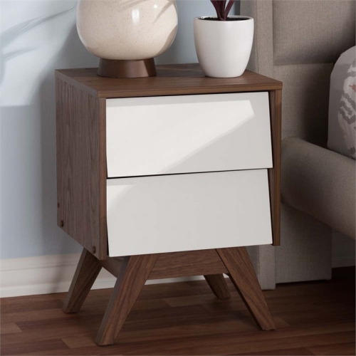 Baxton Studio Hildon 2 Drawer Nightstand in White and Walnut Brown