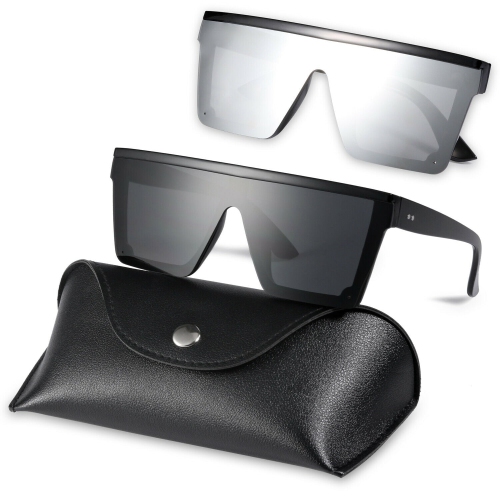 Fashion Oversized Flat Top Shield Sunglasses Square Rimless with HD Lenses&  Case