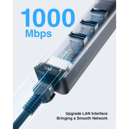 USB 3.0 to Ethernet Adapter, 3 Ports USB 3.0 Hub with 1000M RJ45 Ethernet Multiport Splitter Compatible with MacBook, Surface Pro 4/5/6, Chromebook,