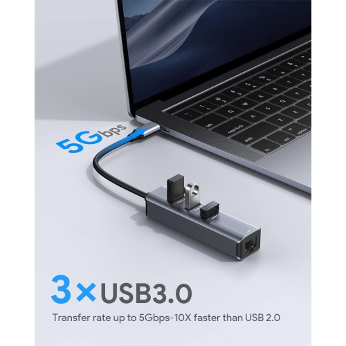 USB 3.0 to Ethernet Adapter, 3 Ports USB 3.0 Hub with 1000M RJ45 Ethernet Multiport Splitter Compatible with MacBook, Surface Pro 4/5/6, Chromebook,