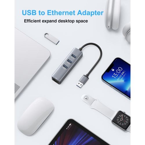 USB 3.0 to Ethernet Adapter, 3 Ports USB 3.0 Hub with 1000M RJ45 Ethernet Multiport Splitter Compatible with MacBook, Surface Pro 4/5/6, Chromebook,