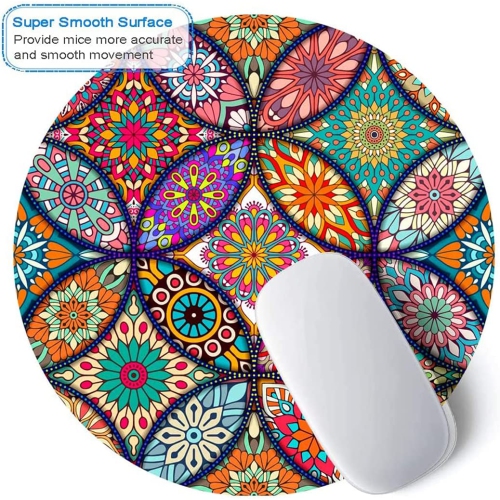 Mouse Pad, Round Mandala Mouse Mat, Cute Mouse Pad with Design, Non-Slip Rubber Base Mousepad with Stitched Edge, Waterproof Office Mouse Pad, Small