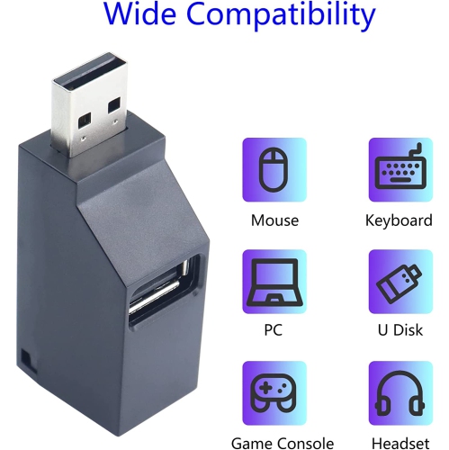 QIANRENON USB Hub 90 Degree Splitter 3 Port USB 2.0 Adapter Portable Powered Data USB Hub Transfer for PC Laptop USB Flash Drives,Black