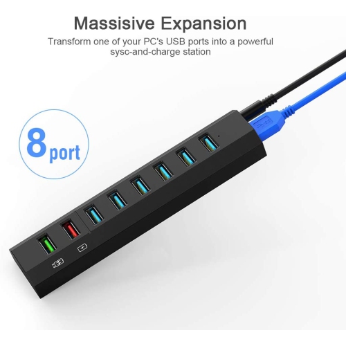 Powered USB Hub 3.0, 8 Port Super High Speed USB 3.0 Hub Splitter + 36W Power Adapter + USB 3.0 Cable, Smart Fast Charger USB Hub Powered for Laptop,