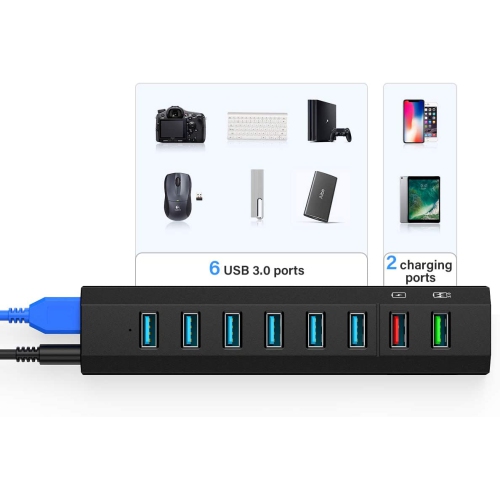 Powered USB Hub 3.0, 8 Port Super High Speed USB 3.0 Hub Splitter + 36W Power Adapter + USB 3.0 Cable, Smart Fast Charger USB Hub Powered for Laptop,