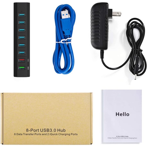 Powered USB Hub 3.0, 8 Port Super High Speed USB 3.0 Hub Splitter + 36W Power Adapter + USB 3.0 Cable, Smart Fast Charger USB Hub Powered for Laptop,