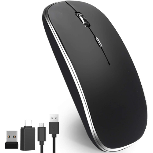 Wireless Mouse, 2.4 GHz Silent Optical Rechargeable Slim Cordless Mouse, with USB Receiver and Type-c Adapter, Adjustable 3 dpi for Laptop PC Mac