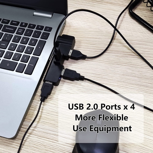 USB 2.0 Hub Extender, 4 Port USB Hub Power Adapter, USB 180 ° Rotation, for PC, Laptop, Keyboard, Mouse, Hard Drives and Other USB 2.0 Adapter(Black)