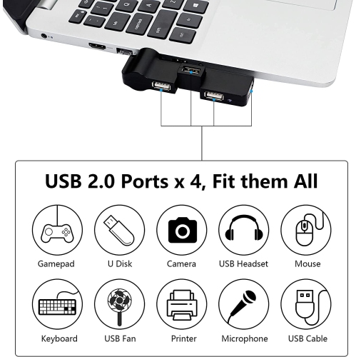 USB 2.0 Hub Extender, 4 Port USB Hub Power Adapter, USB 180 ° Rotation, for PC, Laptop, Keyboard, Mouse, Hard Drives and Other USB 2.0 Adapter(Black)