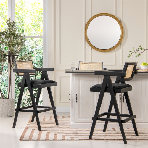 Milan 29.5" Resin Webbing Back Bar Stool with Arms Set of 3 Ebony Black Boucle