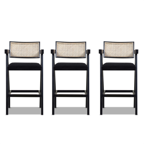 Milan 29.5" Resin Webbing Back Bar Stool with Arms Set of 3 Ebony Black Boucle