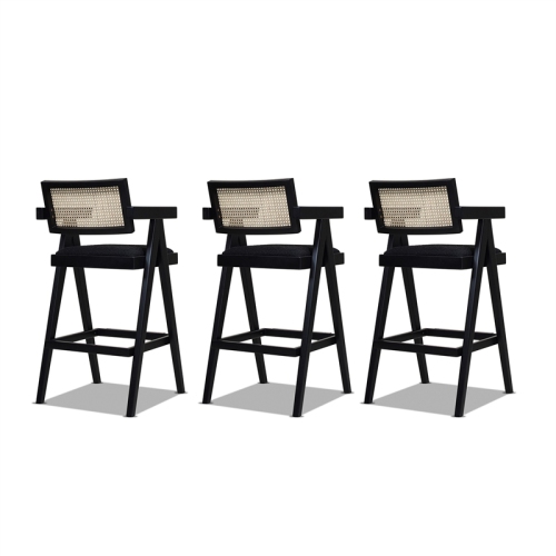 Milan 29.5" Resin Webbing Back Bar Stool with Arms Set of 3 Ebony Black Boucle