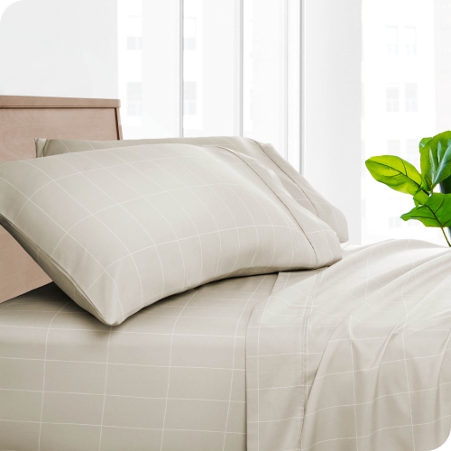 Bare Home Premium 1800 Ultra-Soft Microfiber Pillowcase Set - Double Brushed - Hypoallergenic - Wrinkle Resistant - Grid - Stone/White, King