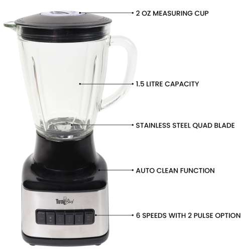 Total Chef 6-Speed Countertop Blender, 6 Cup Glass Jar, 2 Pulse Options, 500 W, Stainless Steel Blades, Auto-Clean Function, Puree, Crush, Blend For