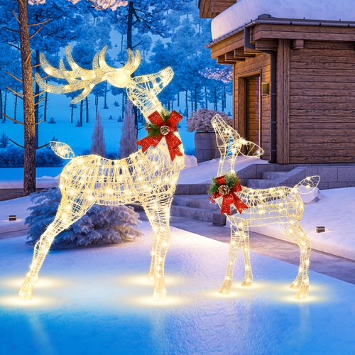 COSTWAY  2 Pieces Lighted Christmas Reindeers Christmas Decoration Pre-Lit 50+120 Led