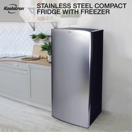 Koolatron Stainless Steel Compact Fridge with Freezer, 6.2 cu ft, Silver and Black, Space-Saving Flat Back, Reversible Door, Tempered Glass Shelves,