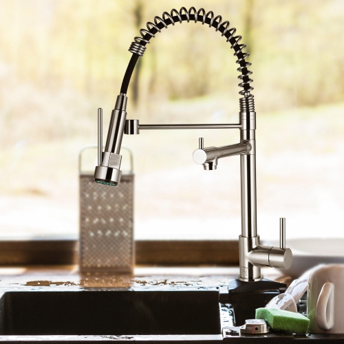 360 Degree Rotation Spring Design Single Handle Bathroom Faucets, Kitchen Sink Faucets with Pull Down Sprayer