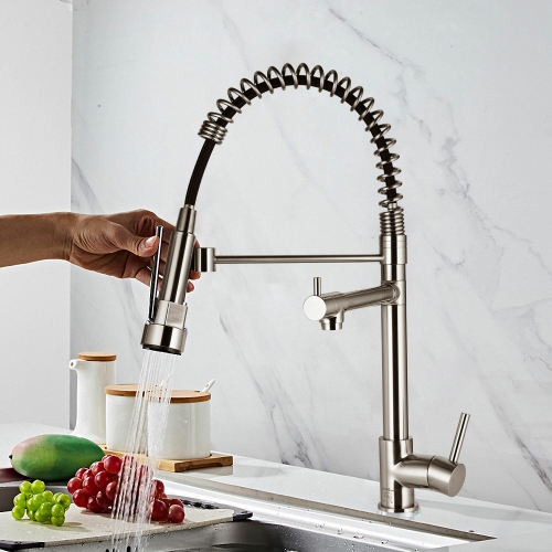 360 Degree Rotation Spring Design Single Handle Bathroom Faucets, Kitchen Sink Faucets with Pull Down Sprayer