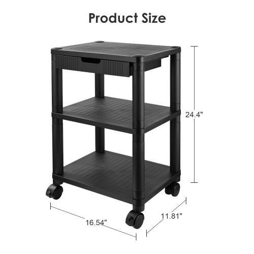 3-Tier Office Printer Stand Cart,24.4 inch High Lapdesk Shelf with Drawer Mobile Printer Cart and 4 Swivel Wheels for Home and Office