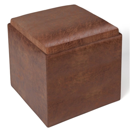 SIMPLI HOME  Rockwood Faux Air Leather Storage Ottoman In Distressed Saddle Brown