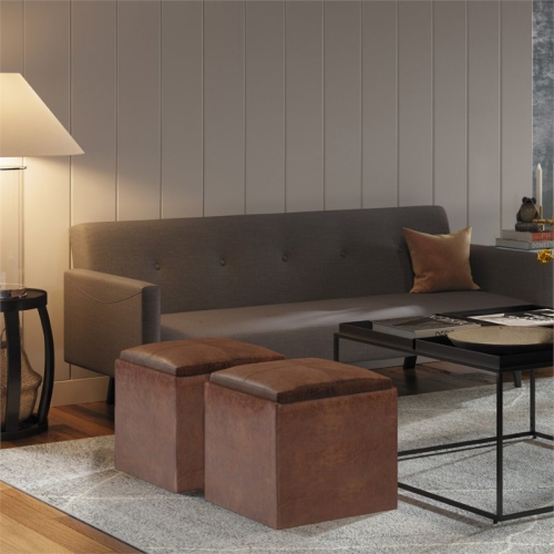 Simpli Home Rockwood Faux Air Leather Storage Ottoman in Distressed Saddle Brown