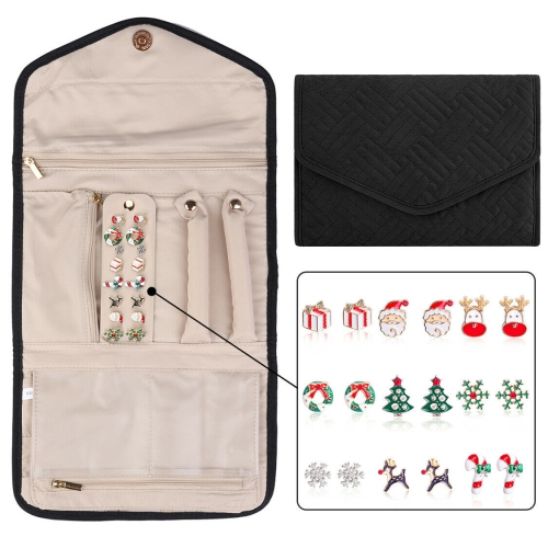 Women/Girls Classic Travel Jewelry Organizer + Fashionable Santa Studs Set in Black