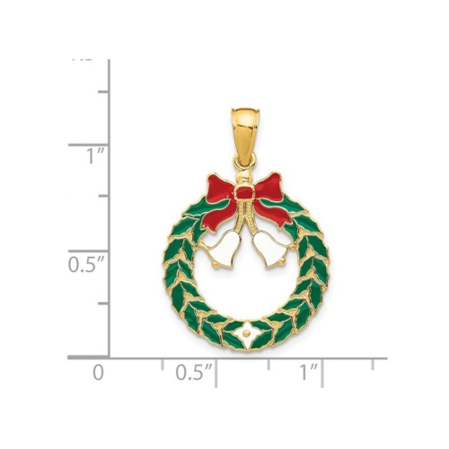 14K Yellow Gold Christmas Wreath Charm Pendant Necklace with Chain