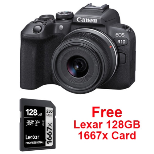 Canon EOS R10 Mirrorless Camera with RF-S 18-45mm STM + 128GB 1667x Lexar Pro Card