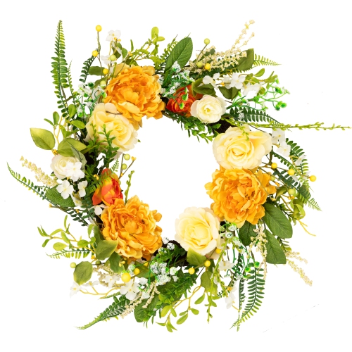 Hydrangea and Rose Artificial Floral Wreath - 24" - Yellow