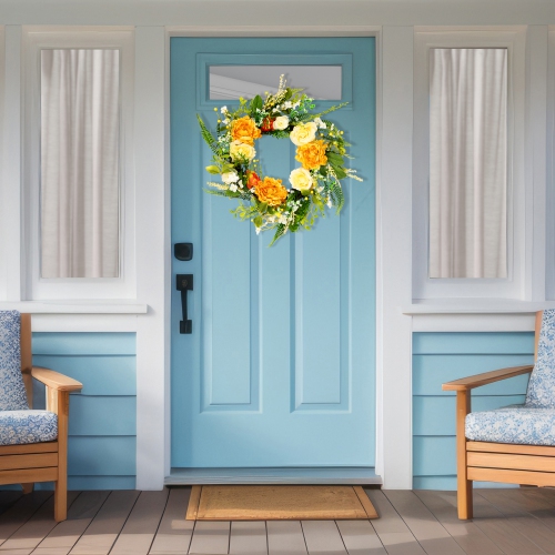 Hydrangea and Rose Artificial Floral Wreath - 24" - Yellow