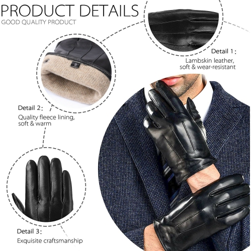 Classic Genuine Sheepskin Leather Cashmere Lined Touchscreen Warm Gloves for Men