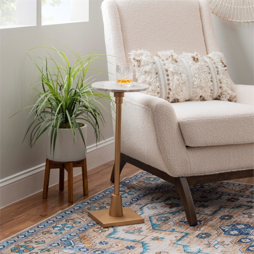 Linon Gavin Adjustable Metal and Sandy Marble Drink Table in Gold