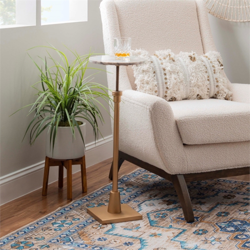 Linon Gavin Adjustable Metal and Sandy Marble Drink Table in Gold