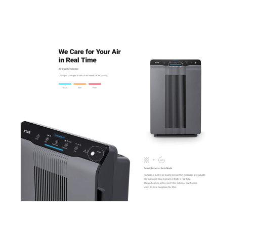 Purificateur d'air PlasmaWave de Winix avec filtre HEPA véritable, réduisant les odeurs, filtre au charbon en matériau solide, gris